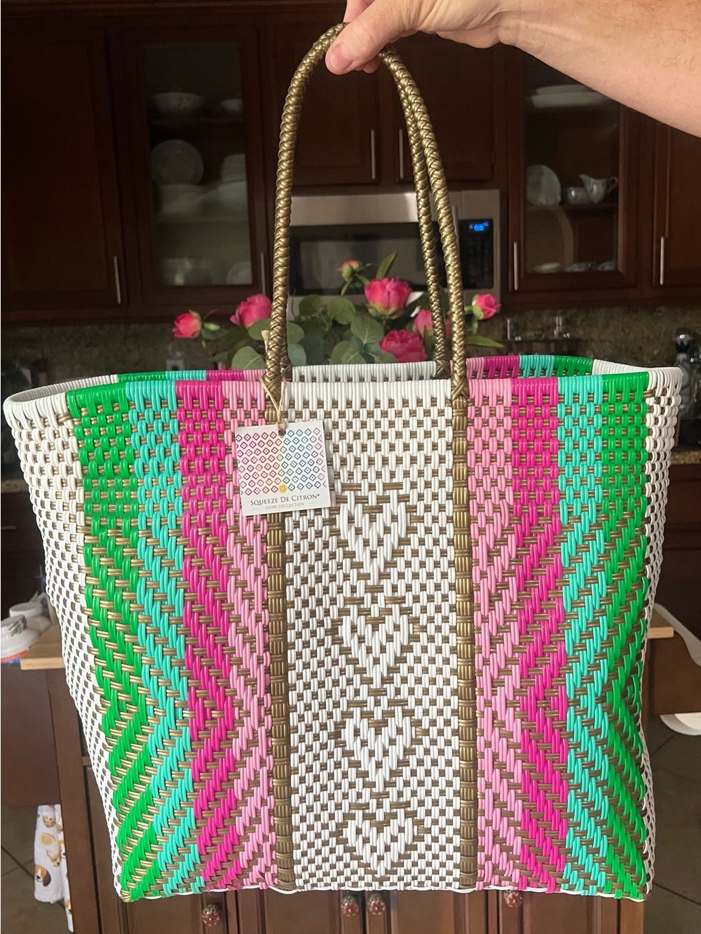 Braided Pink & Green Woven Tote with Gold Handles